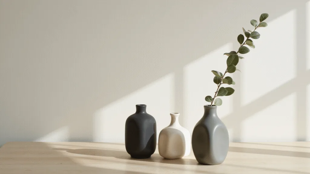 "Three Japandi ceramic vases in matte finishes on a bleached oak surface against an ivory wall, with a single dried eucalyptus branch in the tallest vase"