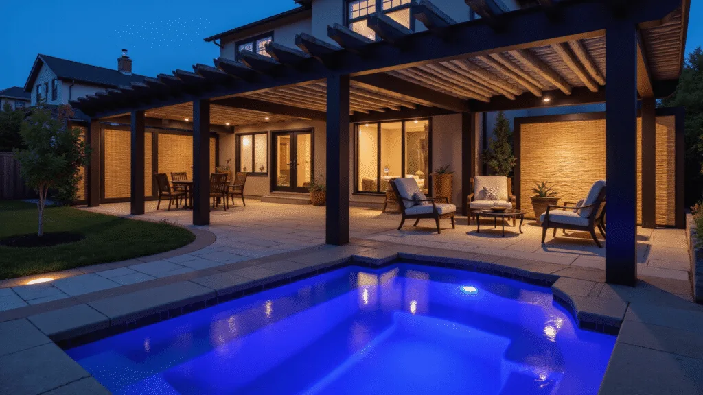 "Luxury hot tub under a modern pergola with bamboo screens, LED lighting, and stone patio in a warm twilight setting"