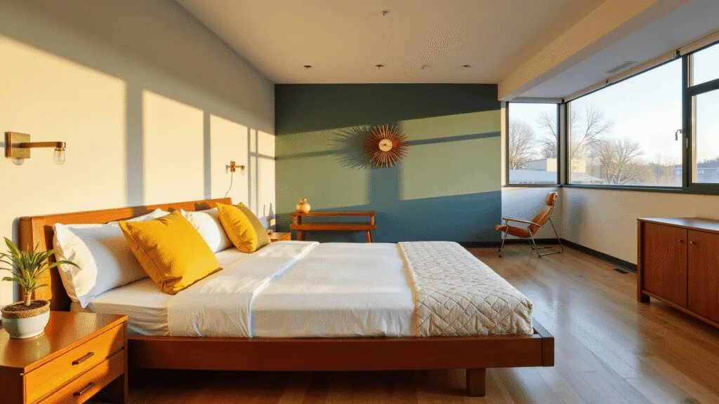 "Minimalist mid-century modern bedroom with walnut platform bed, teak furniture, brass lighting, and a vintage sunburst clock on a muted teal accent wall lit by warm golden hour sunlight."