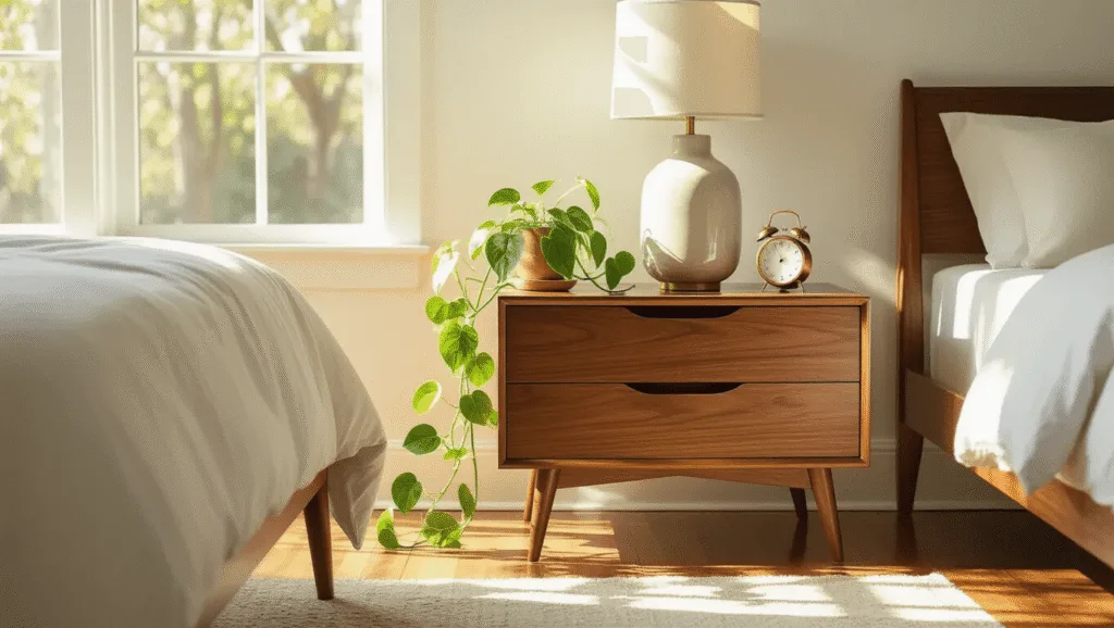 "Mid-century modern walnut nightstand with ceramic lamp and brass accents in a sunlit bedroom"