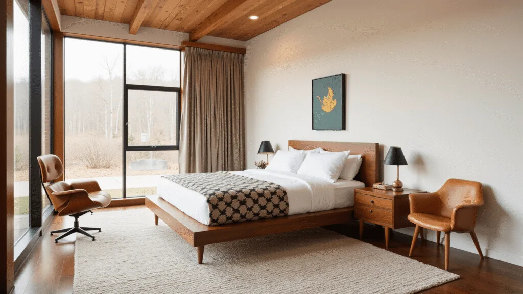 "Mid-century modern bedroom featuring a walnut platform bed, teak furniture, Eames chair, geometric patterns, brass lighting, floor-to-ceiling windows, in warm wood tones bathed in golden hour light."