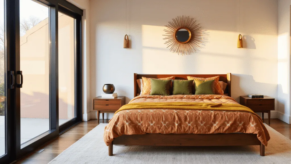 "Mid-century modern bedroom with walnut platform bed, terracotta geometric bedding, olive accent pillows, and warm sunlight."