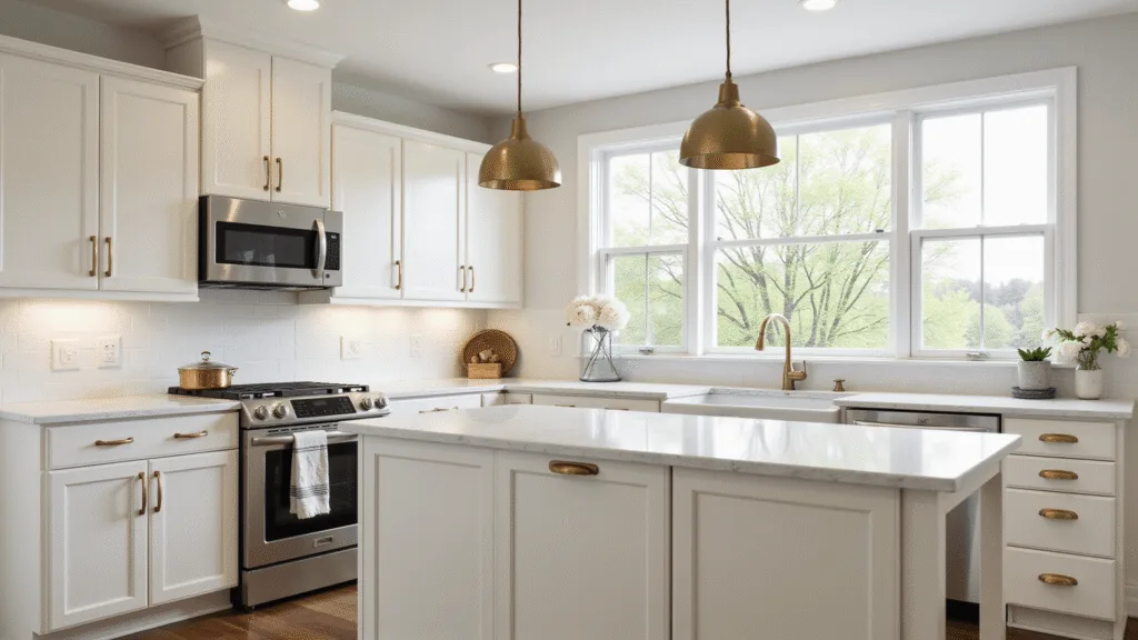 "Bright, modern kitchen interior with alabaster shaker cabinets, marble countertops, brass accents, and natural light"