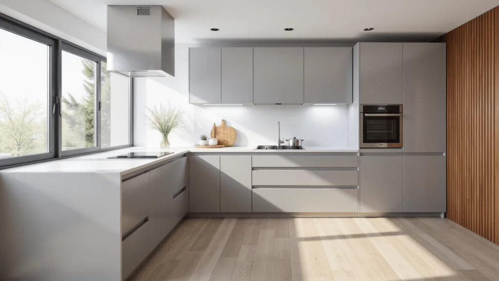 "Modern kitchen with sleek aluminum cabinets, white quartz countertops, and floor-to-ceiling windows with warm morning light"