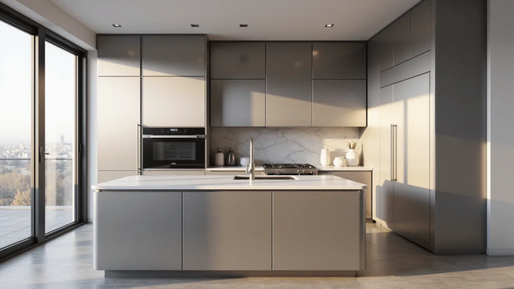 "Sunlit modern kitchen with brushed silver cabinets, quartz island, and stainless steel appliances"