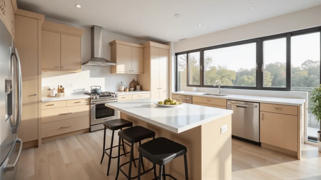"Bright modern kitchen with light maple cabinets, white quartz countertops, stainless steel appliances, and a spacious center island in natural morning light"