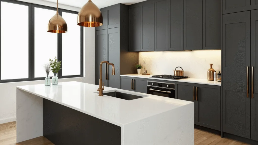 "Modern luxury kitchen with matte charcoal cabinets, white quartz waterfall island, brass pendant lighting, and morning sunlight streaming through large windows"