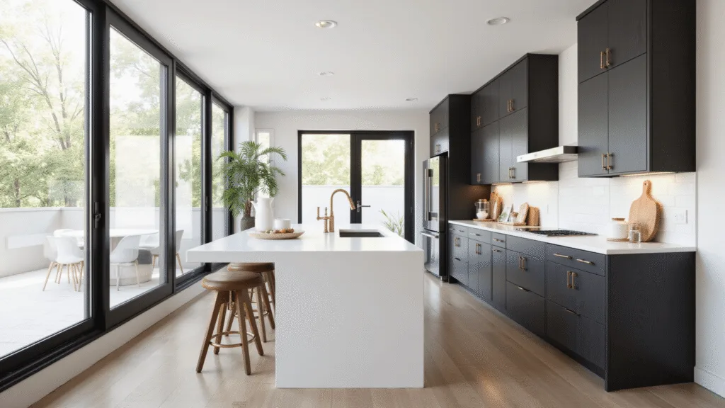 "Modern kitchen with dark charcoal cabinets, white quartz waterfall island and brass hardware, illuminated by natural light from floor-to-ceiling windows"