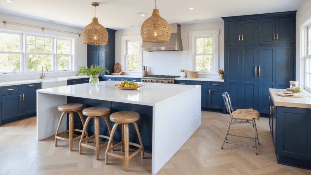 "Modern coastal kitchen with navy blue cabinets, white quartz island, rattan pendant lights and oak herringbone flooring in natural sunlight"