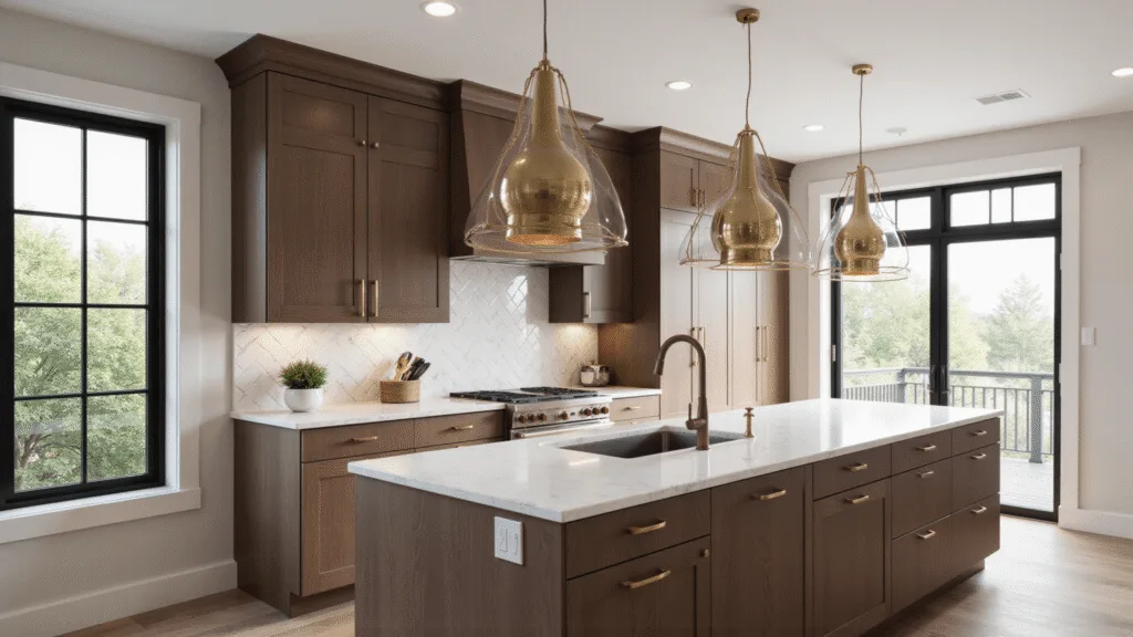 "Luxury kitchen with dark oak cabinets, white quartz countertops, brass hardware, herringbone marble backsplash, and natural morning light."
