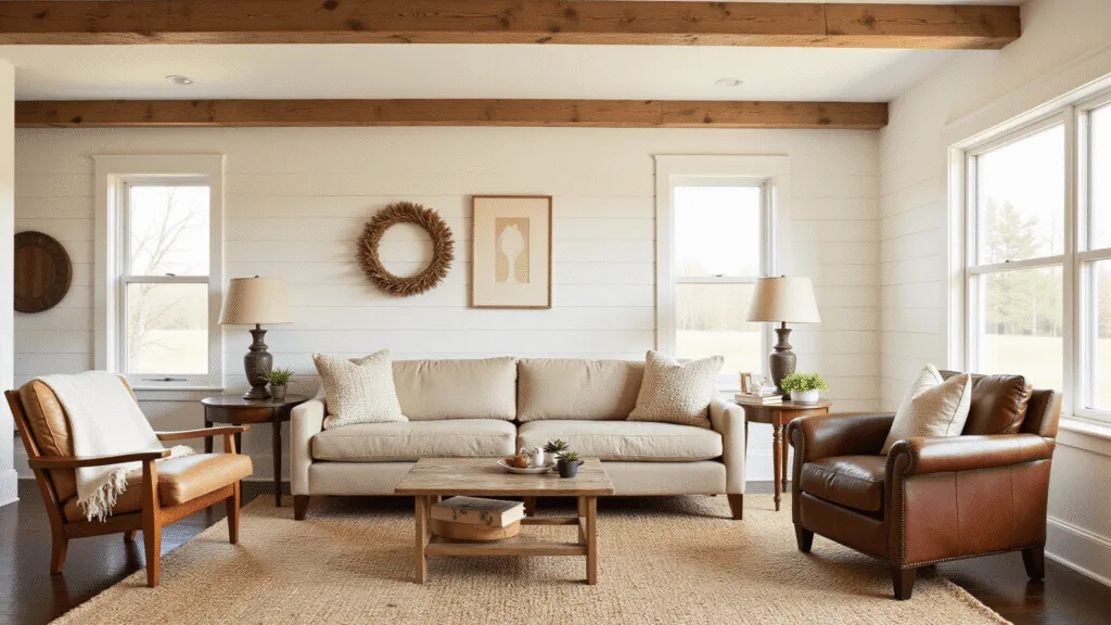 "Cozy farmhouse living room with exposed beams, shiplap walls, linen sofa, vintage leather chair and warm golden lighting"
