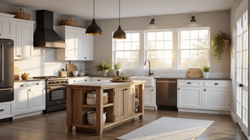 "Modern farmhouse kitchen with white shaker cabinets, rustic wood island with marble countertops, black pendant lights, with sunlight streaming through windows"