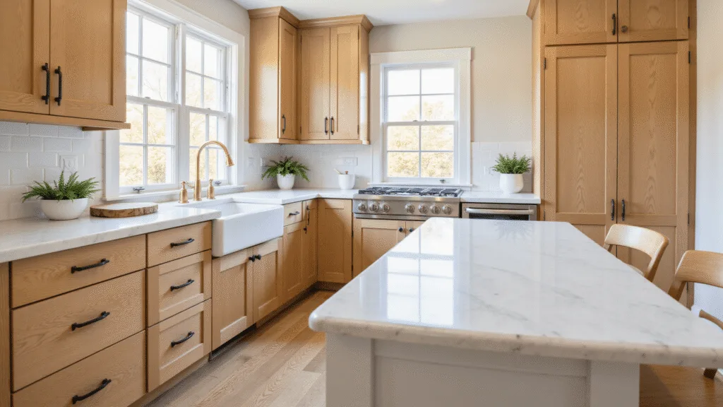 "Modern farmhouse kitchen with oak cabinets, marble island, and sunlight streaming in"