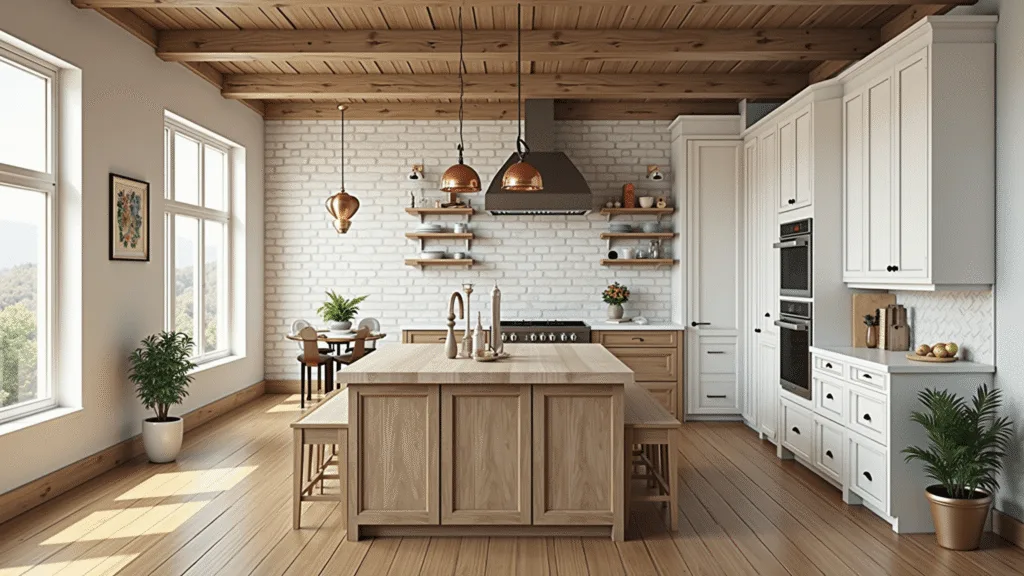 "Sunlit modern farmhouse kitchen with high oak cabinets, exposed beams, butcher block island, and vintage copper pendant lights"