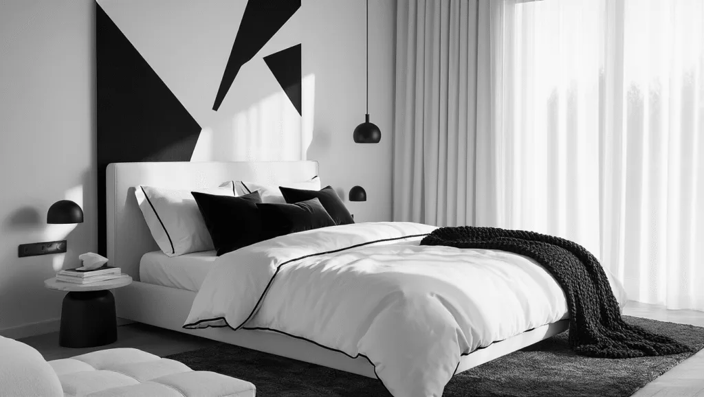 "Modern black and white bedroom interior featuring geometric accent wall, minimalist platform bed, textured fabrics, and matte black fixtures lit by soft morning light"