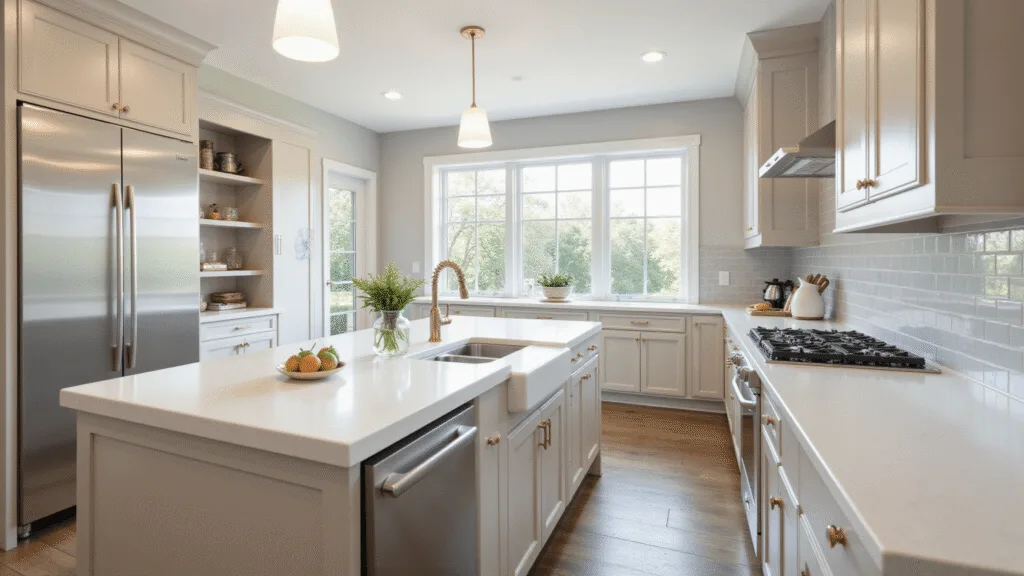 "Modern greige kitchen interior with brass hardware, white quartz countertops, and natural morning light streaming through windows"