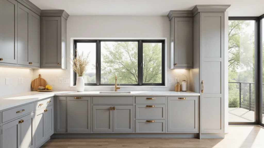 "Modern grey kitchen with marble counters, brass hardware and sunlit through large windows"