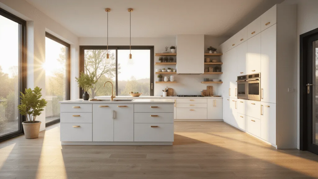 "Modern IKEA SEKTION kitchen with white cabinets, brass hardware, waterfall island, and warm sunlight streaming in"