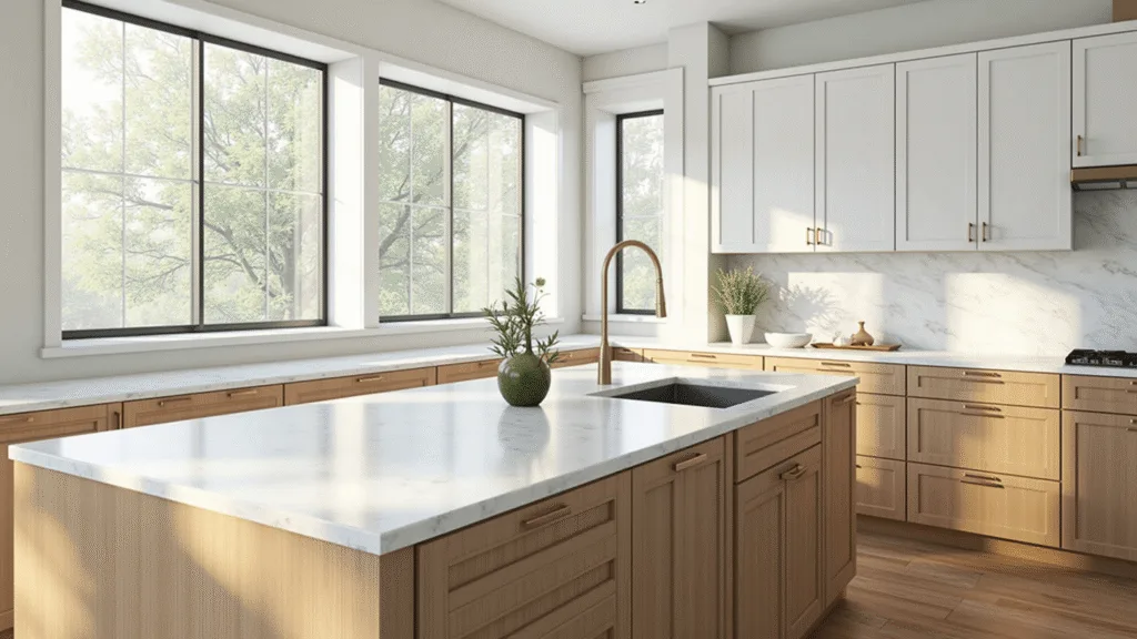 "Modern kitchen with light brown cabinets, white quartz countertops, brass hardware, and marble backsplash bathed in natural sunlight"