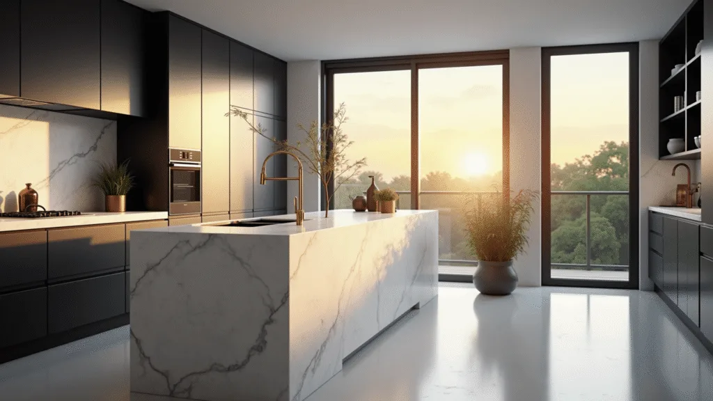 "Sunlit modern minimalist kitchen with black and white cabinets, a marble island, and sleek décor"