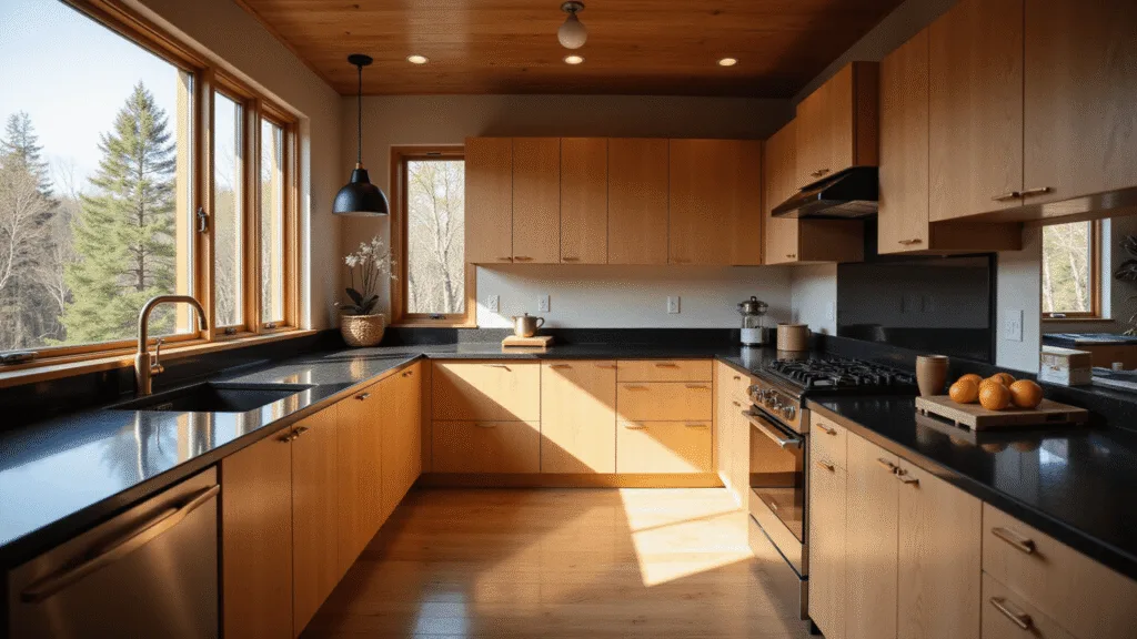 "Modern kitchen with natural maple cabinets, black quartz countertops, brass hardware and pendant lighting bathed in golden hour sunlight."