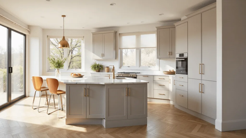 "Sunlit modern kitchen with taupe cabinets, white marble island, and herringbone oak floors"