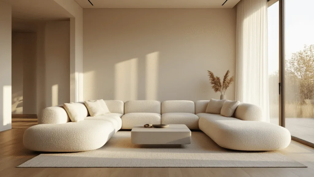 "Minimalist living room with ivory sectional, concrete coffee table, oak flooring, and floor-to-ceiling windows in warm natural light"