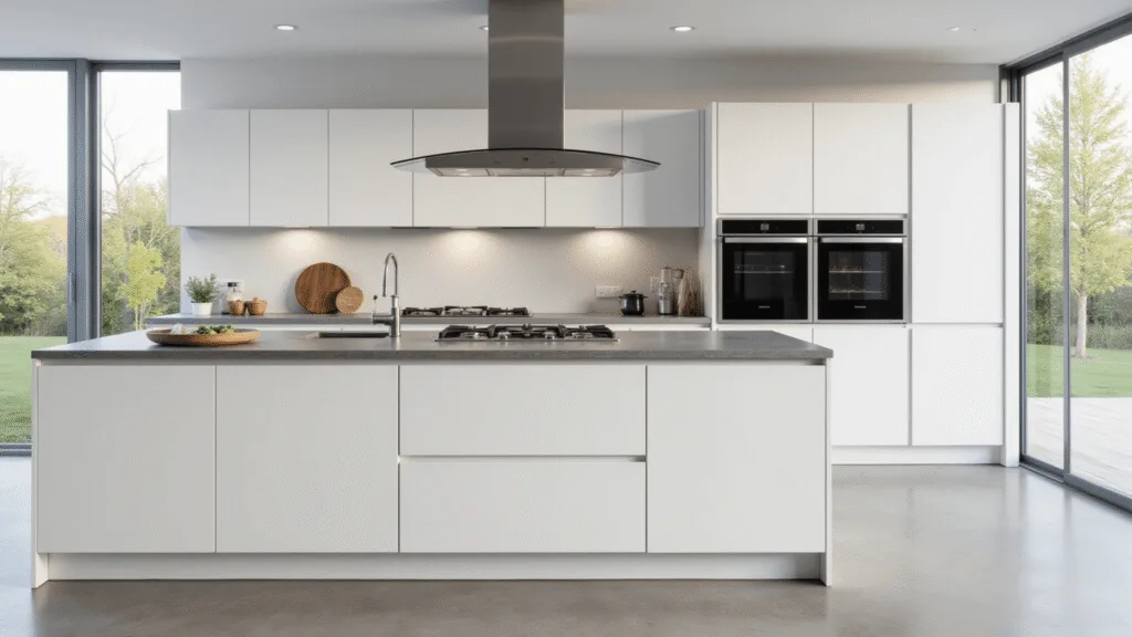 "Modern minimalist kitchen with handleless white cabinets, stainless steel appliances, and grey quartz countertops in morning light"