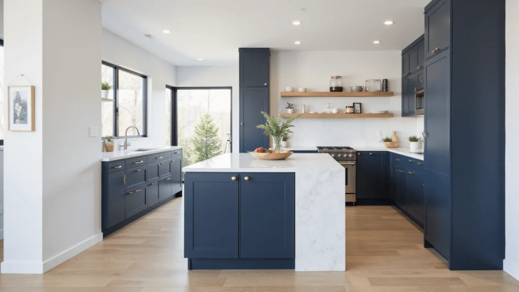 "Modern minimalist kitchen with navy flat-panel cabinets, white quartz waterfall island, and natural light from floor-to-ceiling windows"