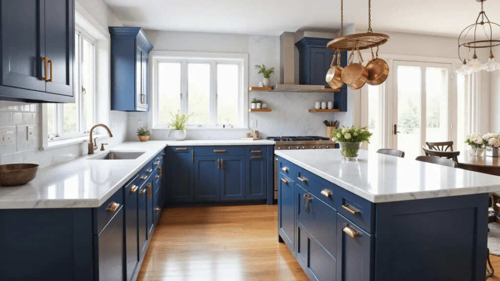 "Luxurious sunlit kitchen with navy cabinets, brass hardware, marble countertops, and copper cookware hanging from ceiling rack"