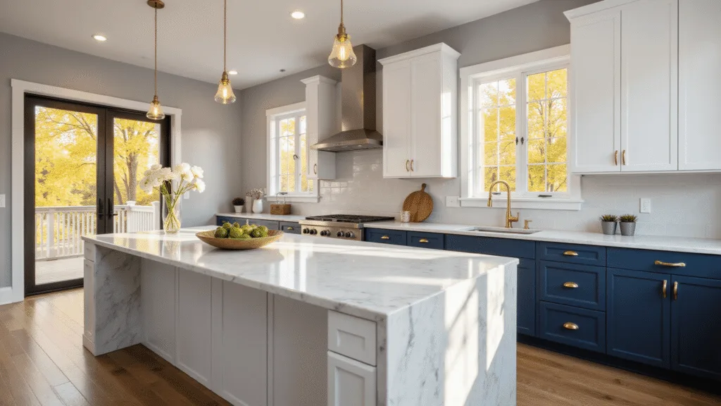 "Modern two-tone kitchen with white and navy cabinets, marble countertops, and golden sunlight streaming through large windows"