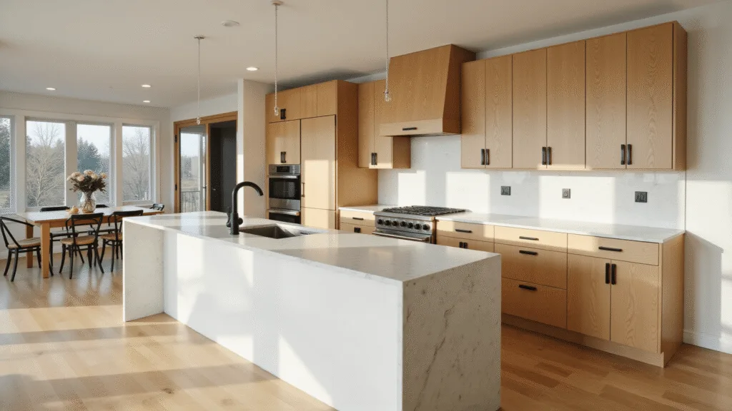 "Sunlit modern white oak kitchen with natural wood cabinets, black hardware, marble countertops, waterfall island, casting soft shadows in warm light with minimalist styling"