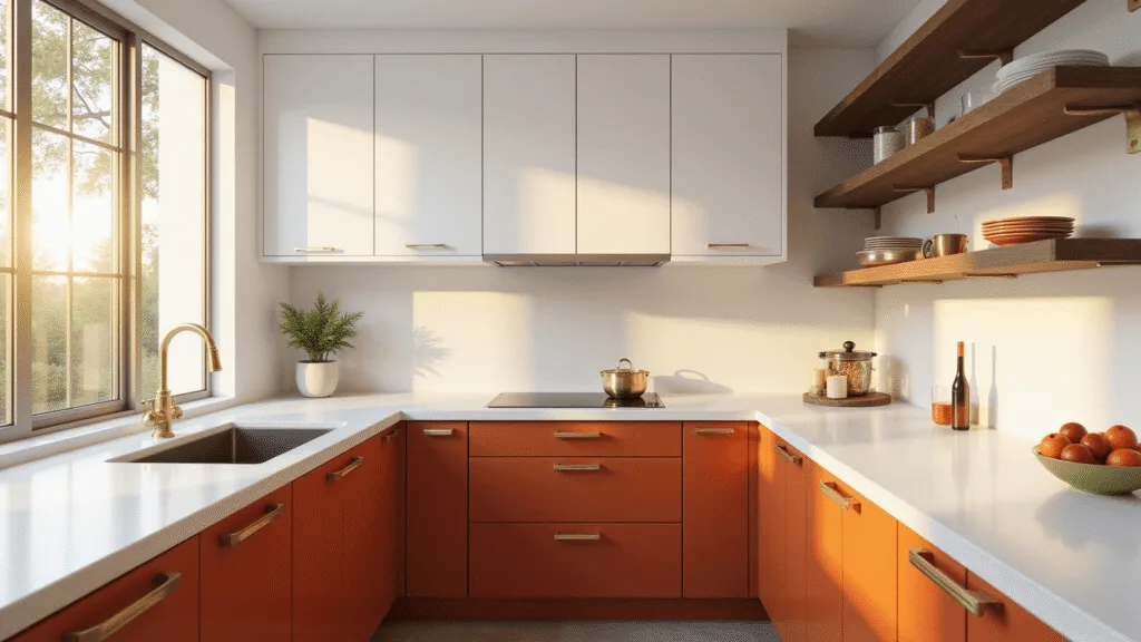 "Modern kitchen with orange and white cabinets, white quartz countertops, brass hardware, walnut shelving, bathed in golden hour sunlight."