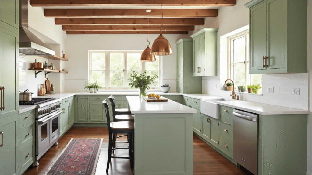 "Modern kitchen with sage green cabinets, white quartz countertops, exposed wooden ceiling beams, natural morning light, copper pots and a vintage rug"