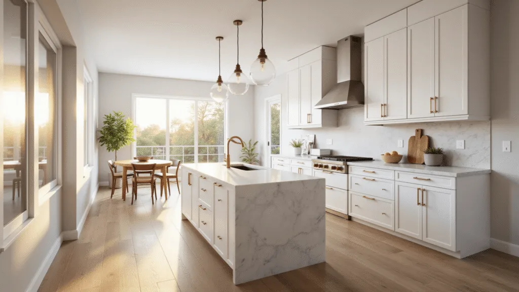 "Sunlit modern kitchen with white Shaker cabinets, marble island, brass hardware, and oak floors during golden hour"