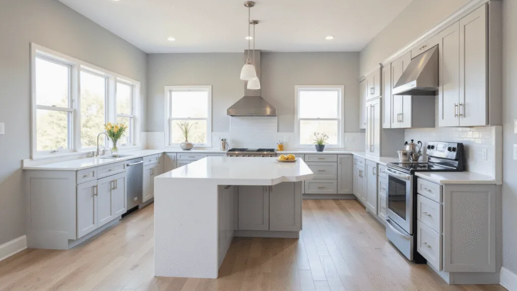 "Modern light grey kitchen with sunlit interior, white quartz waterfall island, and stainless steel appliances bathed in morning light"