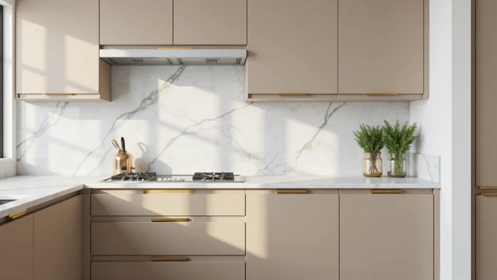 "Modern taupe kitchen with warm lighting, marble countertops, brass hardware and minimalist design"