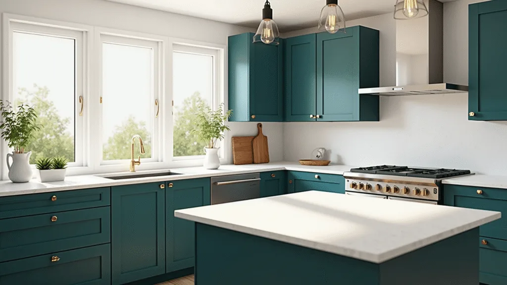 "Modern teal kitchen with white quartz countertops, brushed brass hardware, and natural morning light"