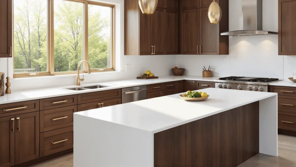 "Modern walnut kitchen with white quartz countertops, brass hardware, natural sunlight and a waterfall island with minimalist styling"