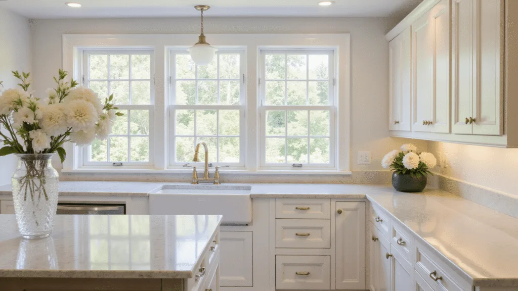 "Modern off-white transitional kitchen with shaker cabinets, marble countertops, brass hardware, fresh flowers in a crystal vase and natural light streaming through the windows"