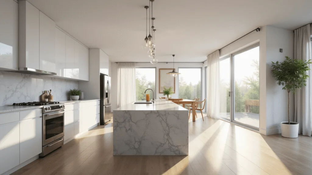 "Modern kitchen with high-gloss white cabinets, marble island, and morning sunlight through large windows"