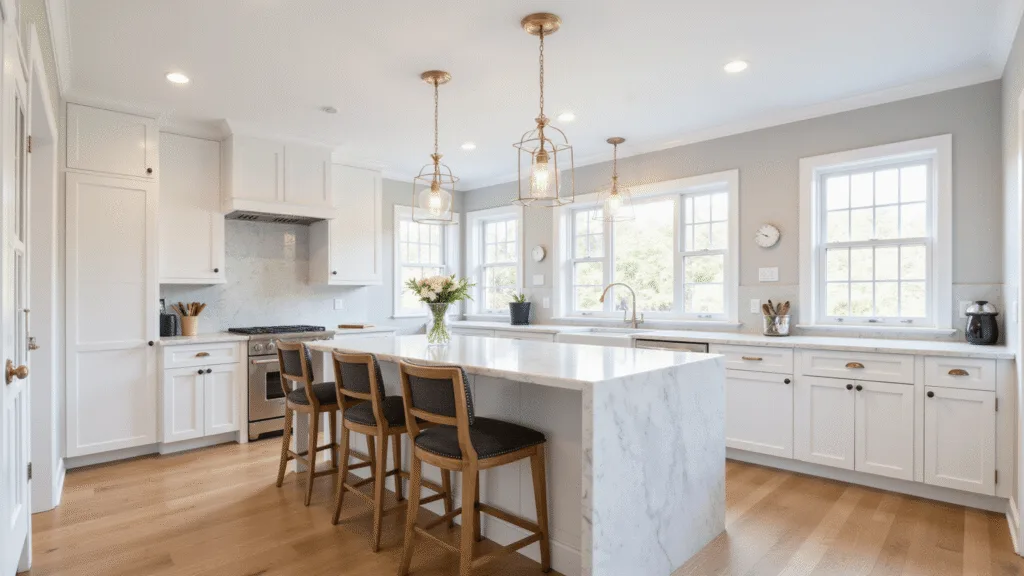 "Modern kitchen with white Shaker cabinets, marble island, brass pendant lights, and warm oak floors under natural morning light"