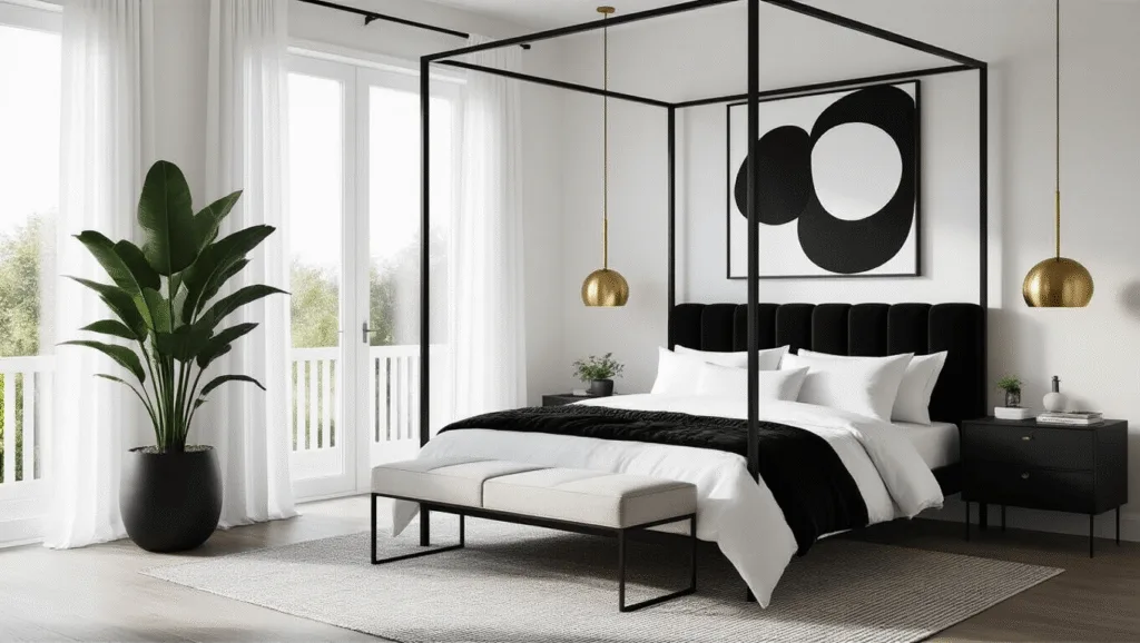 "Monochrome bedroom design with black canopy bed, white linens, brass accents, abstract art, and a monstera plant in morning light."
