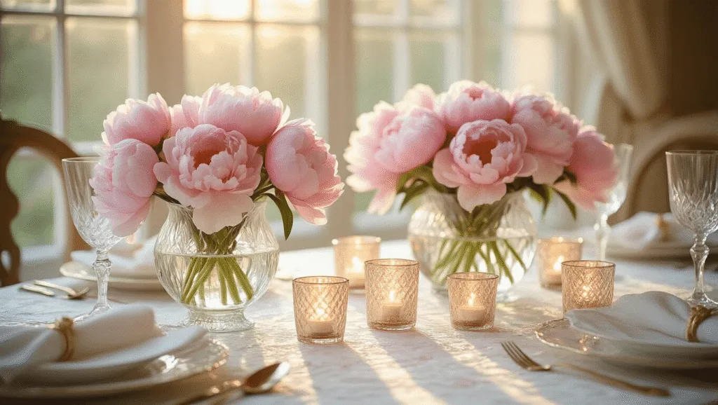 "Elegant Mother's Day tablescape with pink peonies in crystal vases, scattered votives on a white damask tablecloth, bathed in golden morning light"