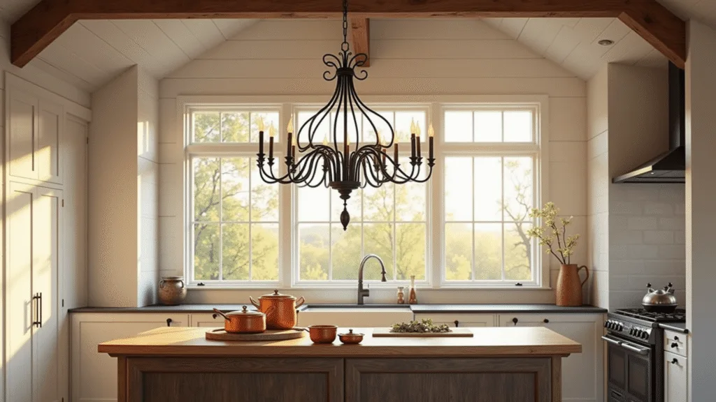 "Rustic farmhouse kitchen with black iron chandelier, exposed beams, oak island, and copper pots bathed in golden hour sunlight"