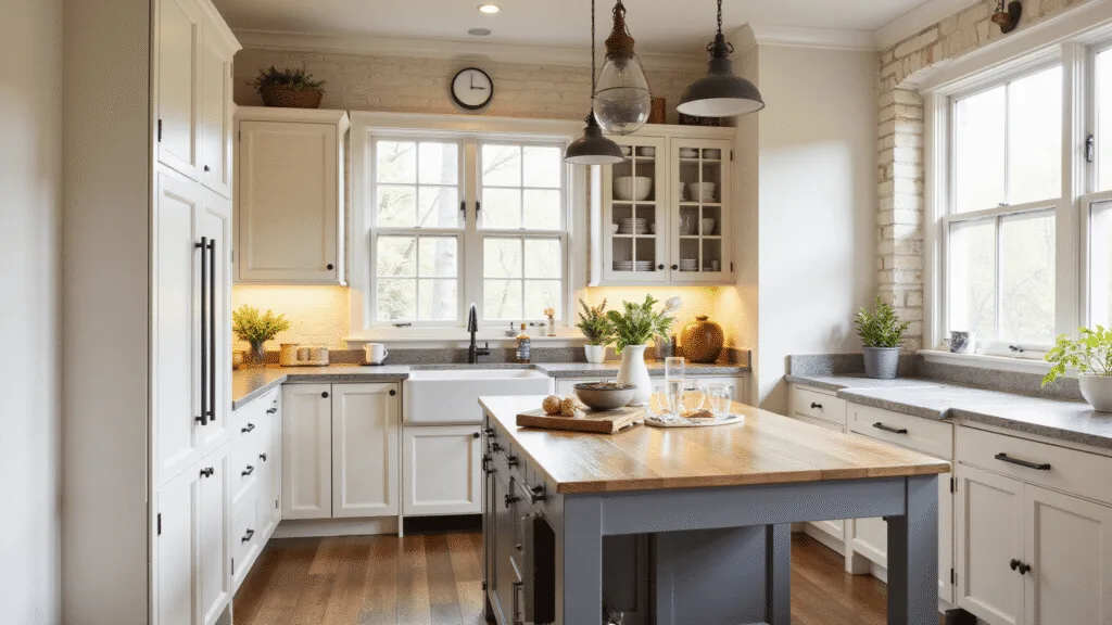 "Rustic farmhouse kitchen with white shaker cabinets, a natural wood island, marble countertops, and vintage copper accents. Sunlight streams through the windows, illuminating the glass cabinet doors and matte black hardware, creating a cozy and warm atmosphere."
