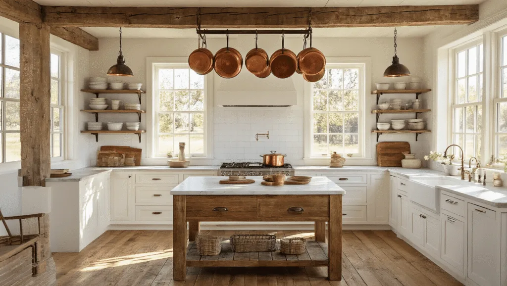 "Sunlit farmhouse kitchen with reclaimed oak island, white cabinets, copper pots, and vintage pendant lights"