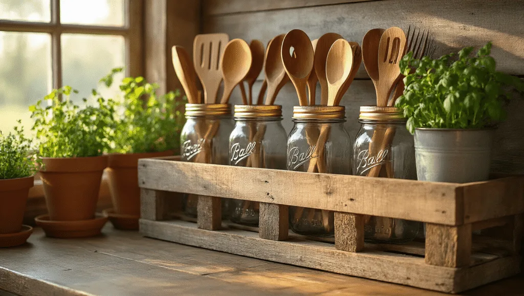"Rustic mason jar utensil holder mounted on weathered wood pallet in a farmhouse kitchen during golden hour"