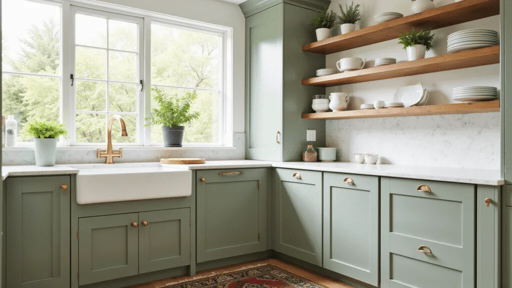 "Sage green kitchen with marble countertops, brass hardware, and morning sunlight"