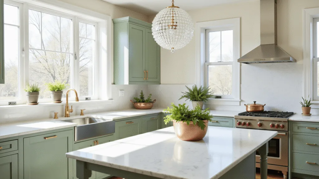 "Modern kitchen with sage green cabinets, white marble countertops, and oak accents in soft morning light"